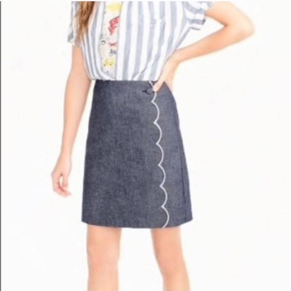J crew 100% cotton mini skirt grey scalloped hem size 4 chambray  whimsical
